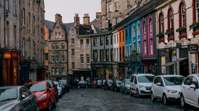 Victoria Street, Edinburgh with cars parked along each side