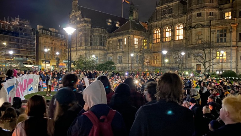 A crowd of people gather in Sheffield at the vigil of murdered trans teen Brianna Ghey