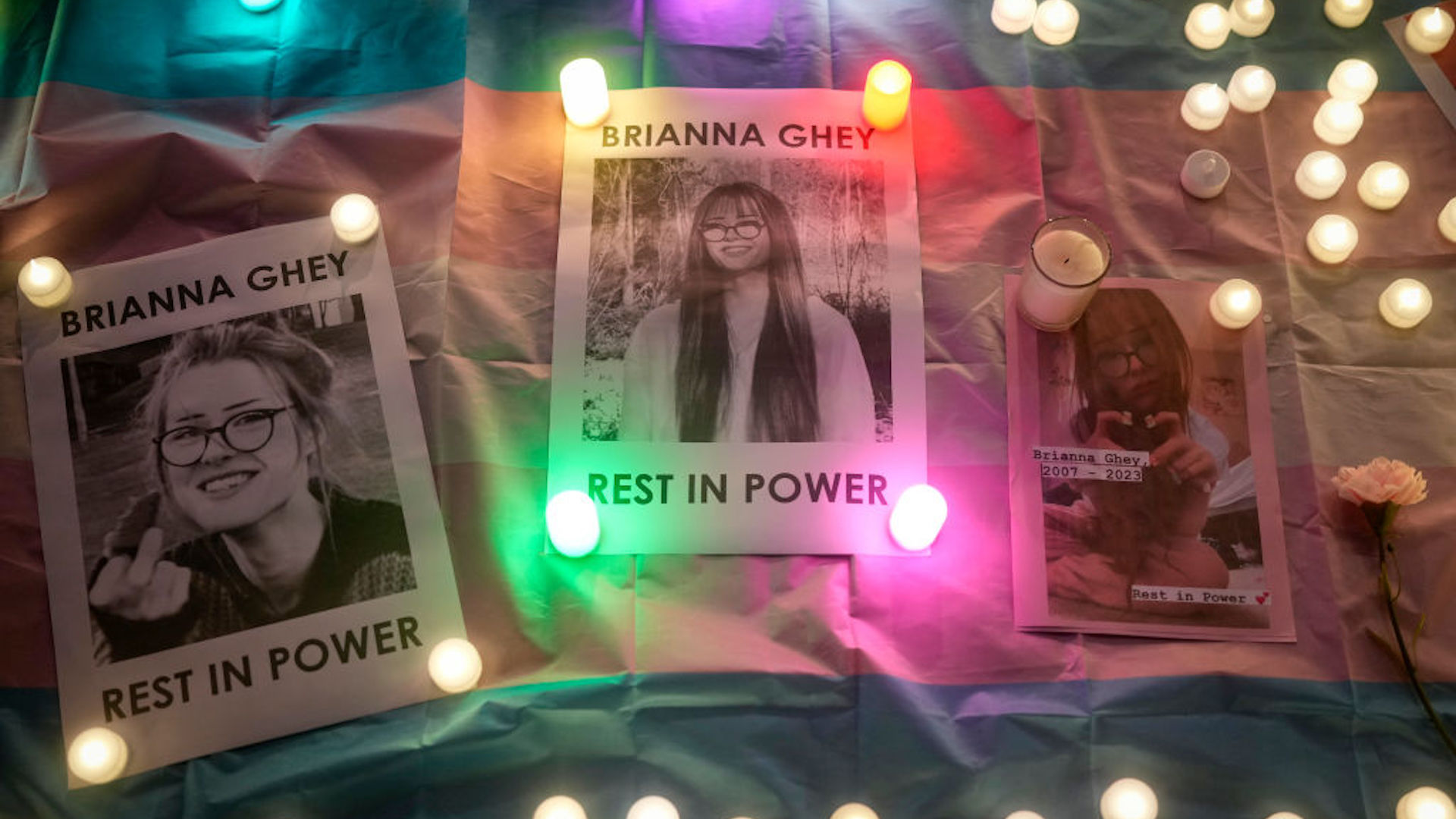 Pictures of 16-year-old Brianna Ghey with the message 'REST IN POWER' are displayed surrounded by candles during a candlelit vigil in her memory on February 14, 2023 in Liverpool, England.