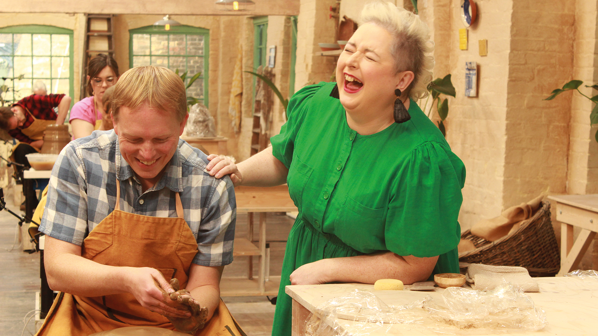 McSweeney laughing with Jon Roynon on The Great Pottery Throw Down.