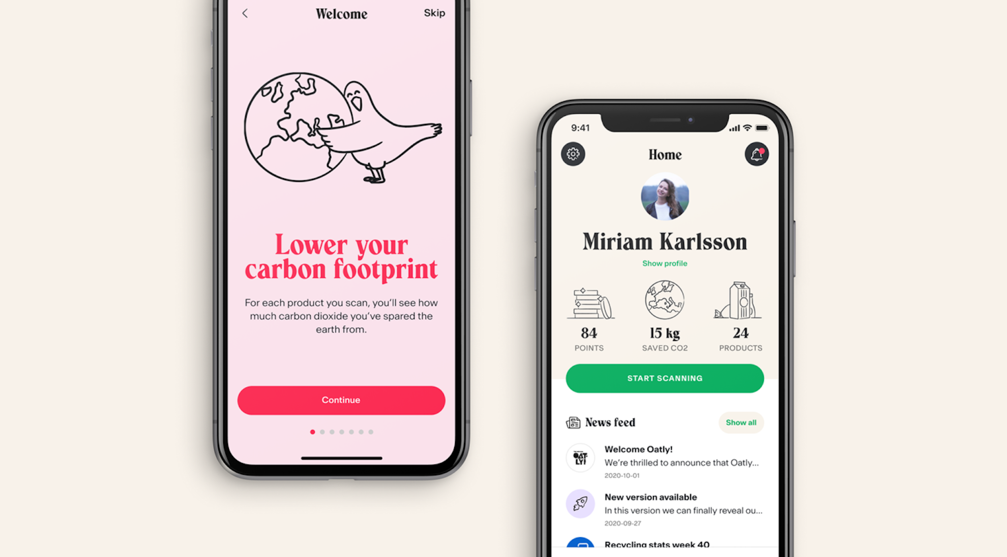 beige background with two iphone screens, the left screen shows the 'welcome' page of the Bower app with the words "Lower your carbon footprint" and the right screen shows a prospective account page with the name "Miriam Karlsson"