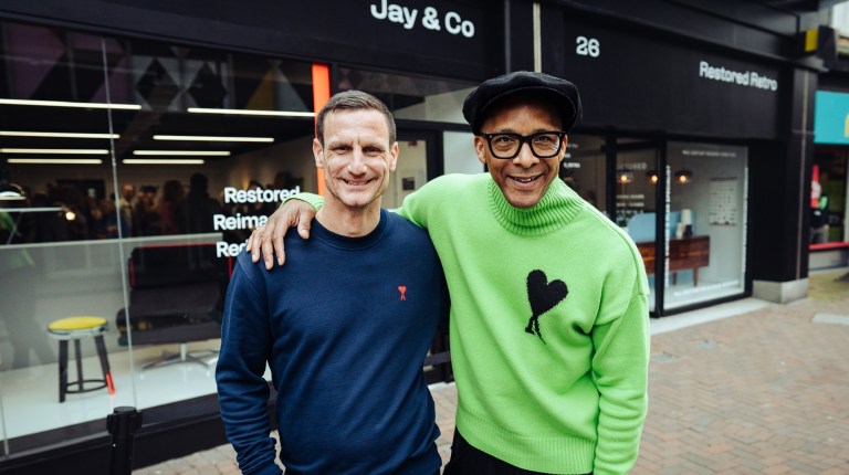 Big Issue vendor Steve Wyatt and The Repair Shop presenter Jay Blades