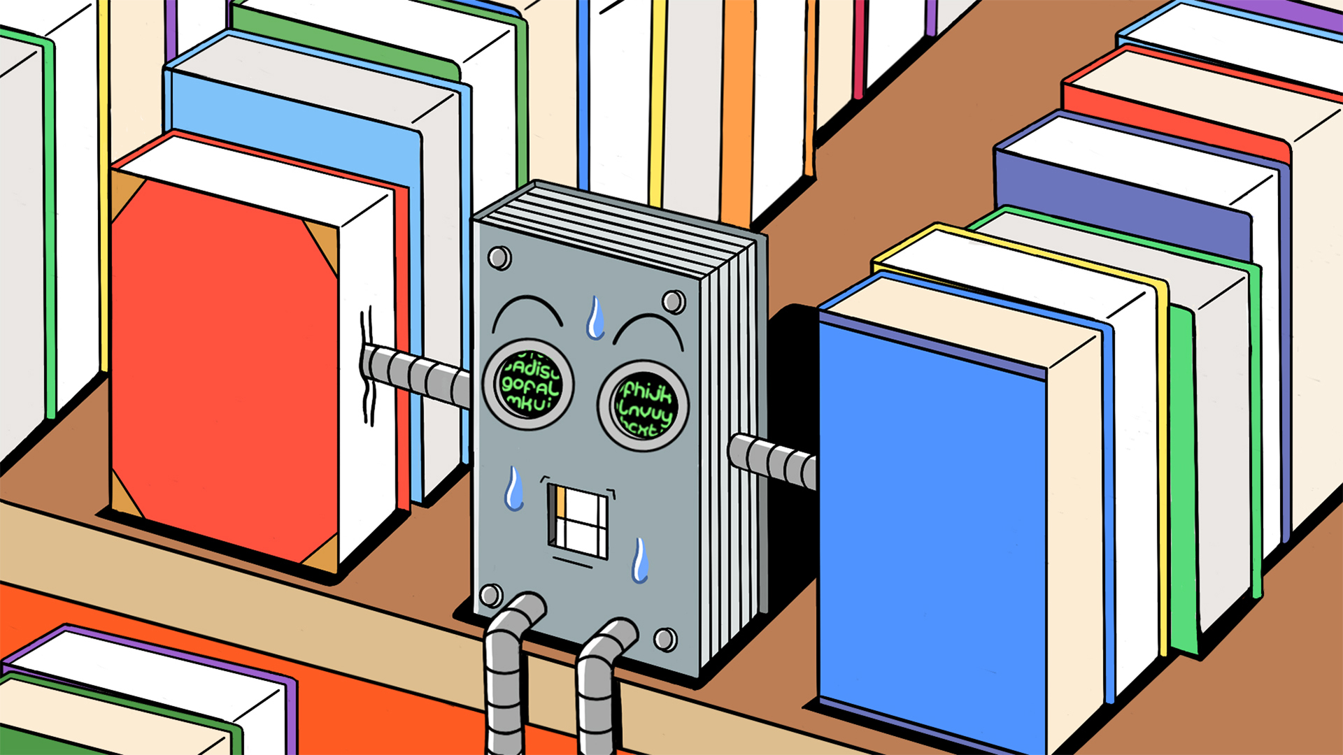 Illustration of a robot and some books