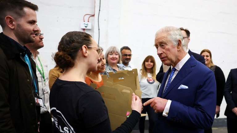 King Charles with a food bank volunteer in Milton Keynes, The Big Help Out