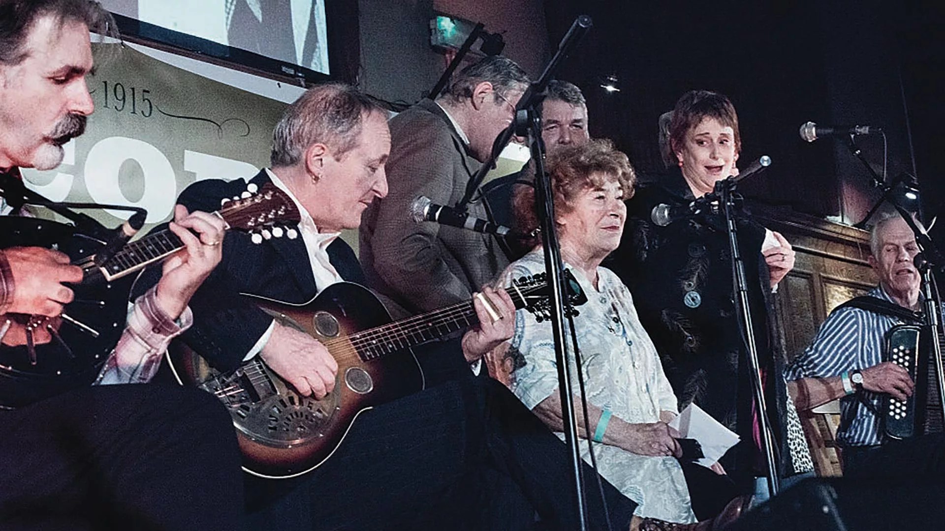 Shirley Collins with other British folk musicians 2015 on stage at Cecil Sharp House