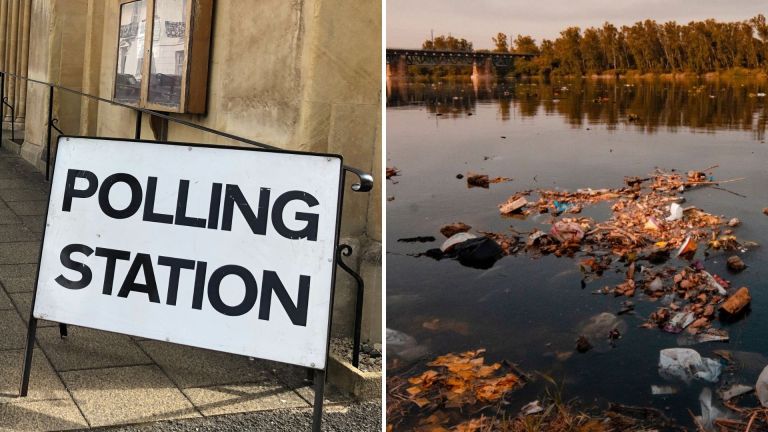 Image on the left shows a polling station, image on the right shows river pollution