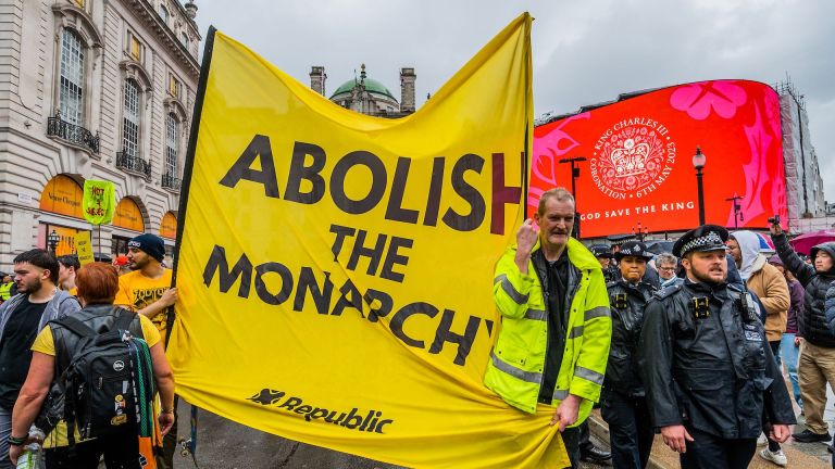 Not my King protest at Piccadilly lights on Coronation day.