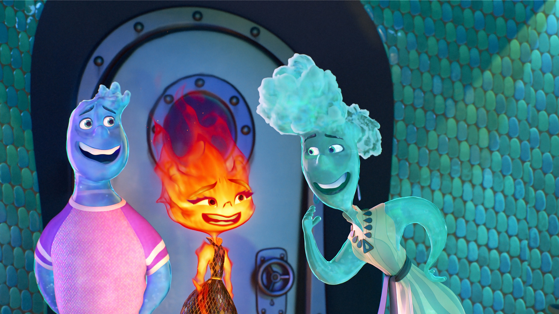 Animated illustration of characters Wade, Ember and Ember's mother brook