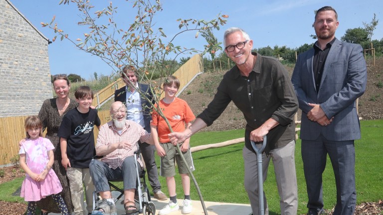 Gary Lineker joins Glastonbury Festival founder Michael Eavis and family to mark the social homes project