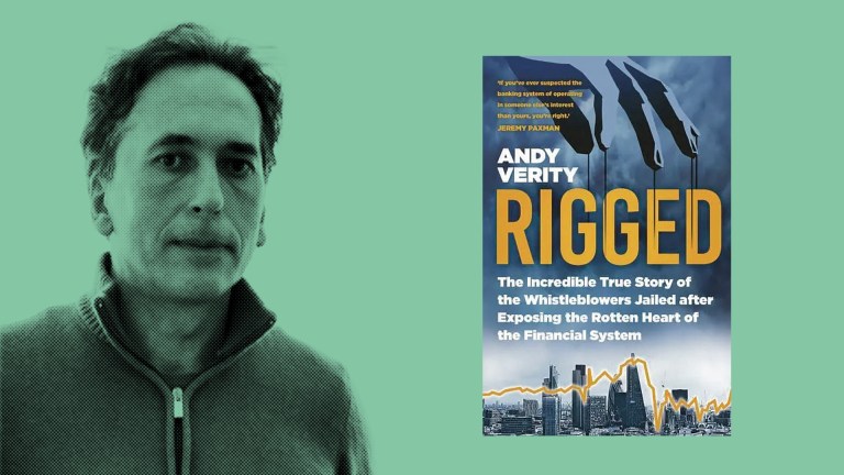 Graphic of Philippe Moryoussef and Rigged book cover on green background