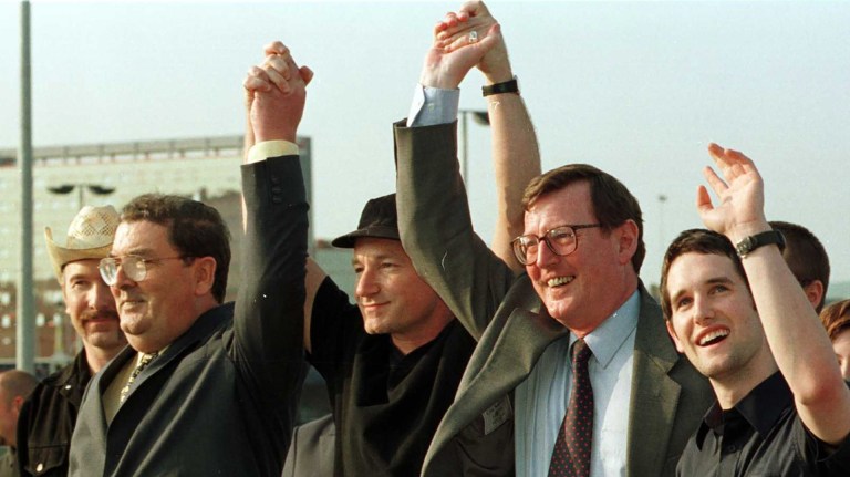 David Trimble John Hume and singer Bono May 1998 and Tim Wheeler