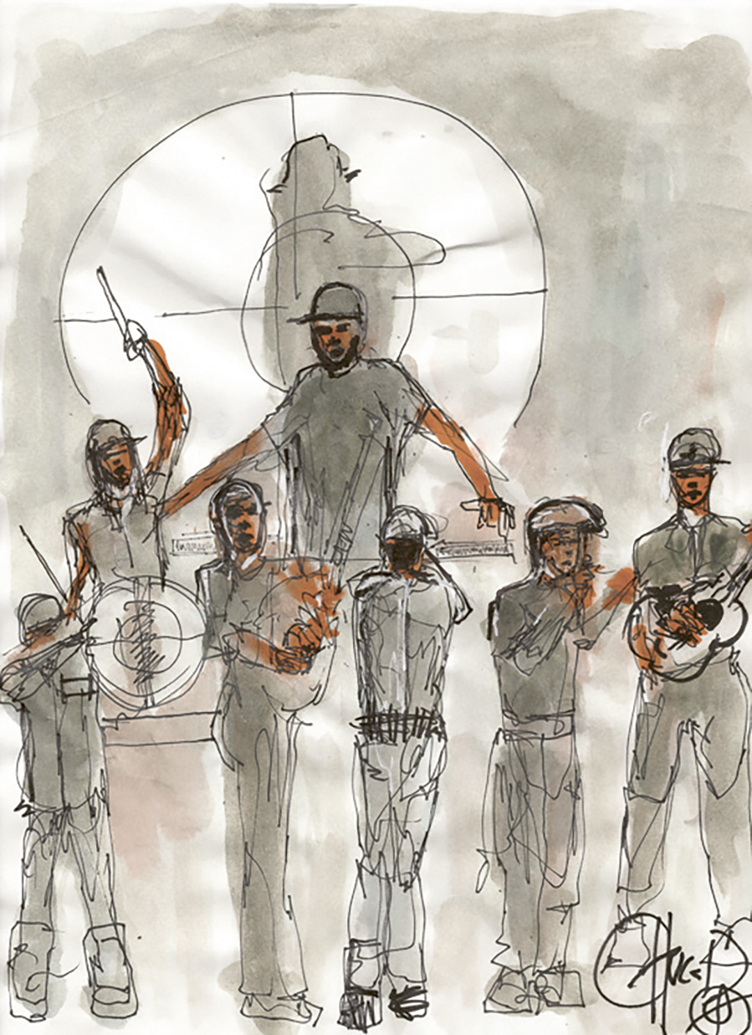 Chuck D's drawing of Public Enemy on stage