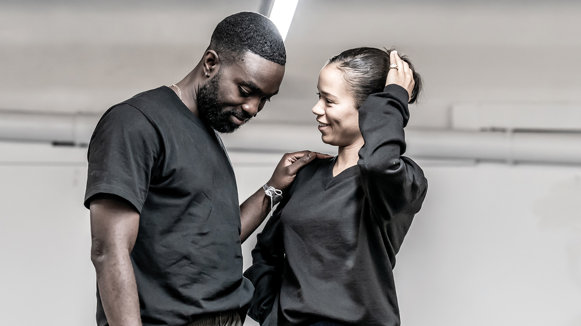 Paapa Essiedu with Taylor Russell in rehearsals for The Effect.