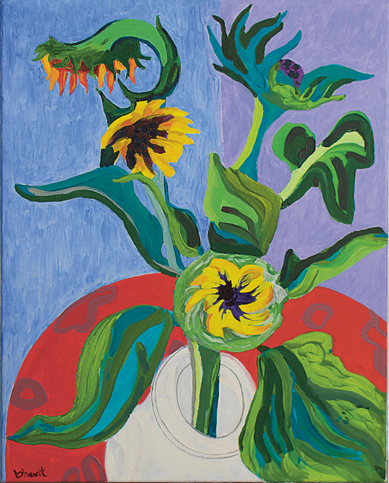 A painting of sunflowers against a blue background