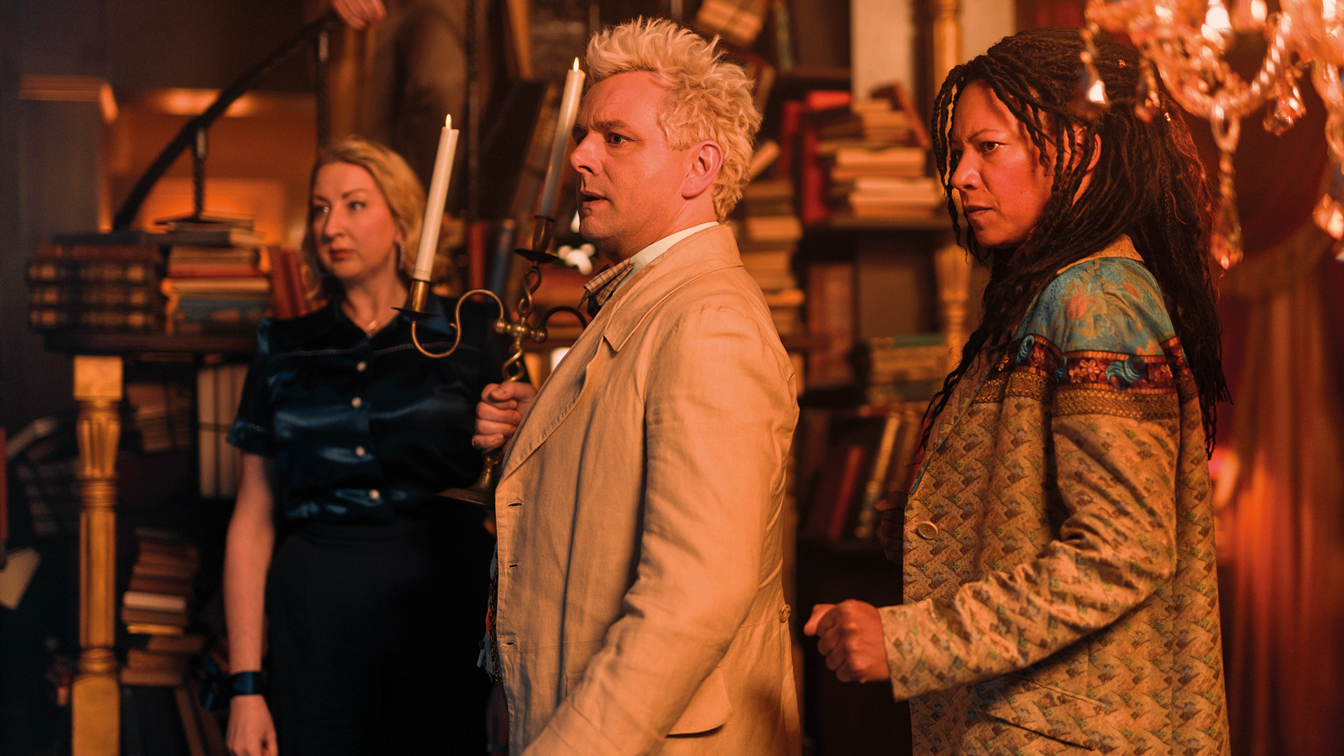 Maggie Service, Michael Sheen and Nina Sosanya in Good Omens