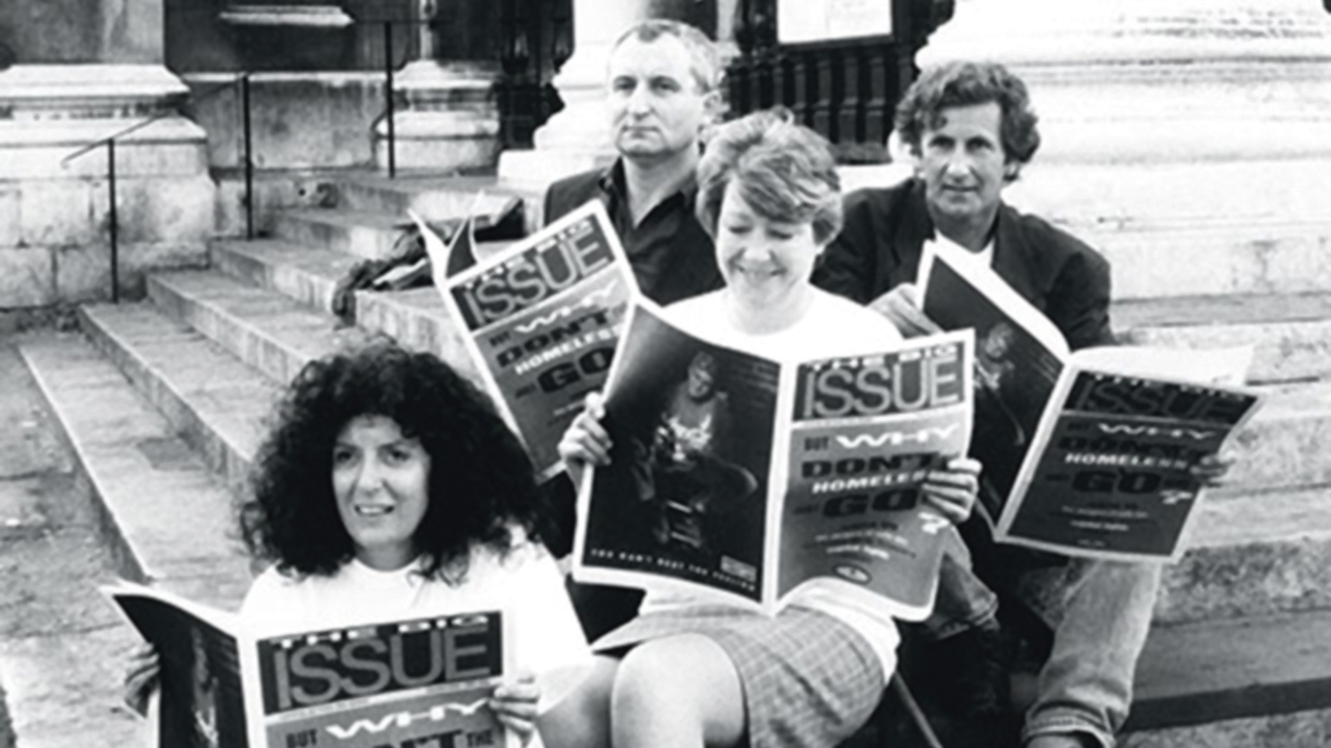 Anita Roddick, John Bird, Shelter director Sheila McKechnie and Gordon Roddick reading copies of the first Big Issue
