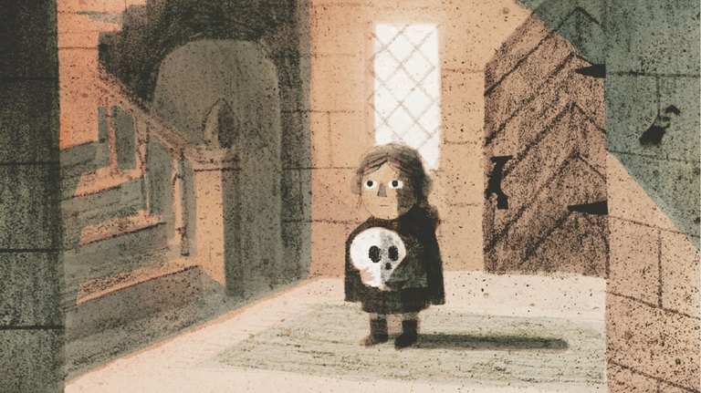 Gothic illustration by Jon Klassen of a little girl holding a skull