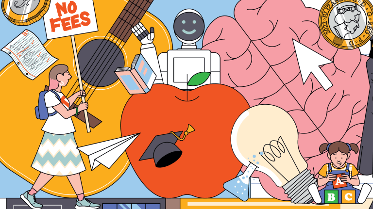 Illustration of items to do with education: a brain, a lightbulb, an apple, a guitar