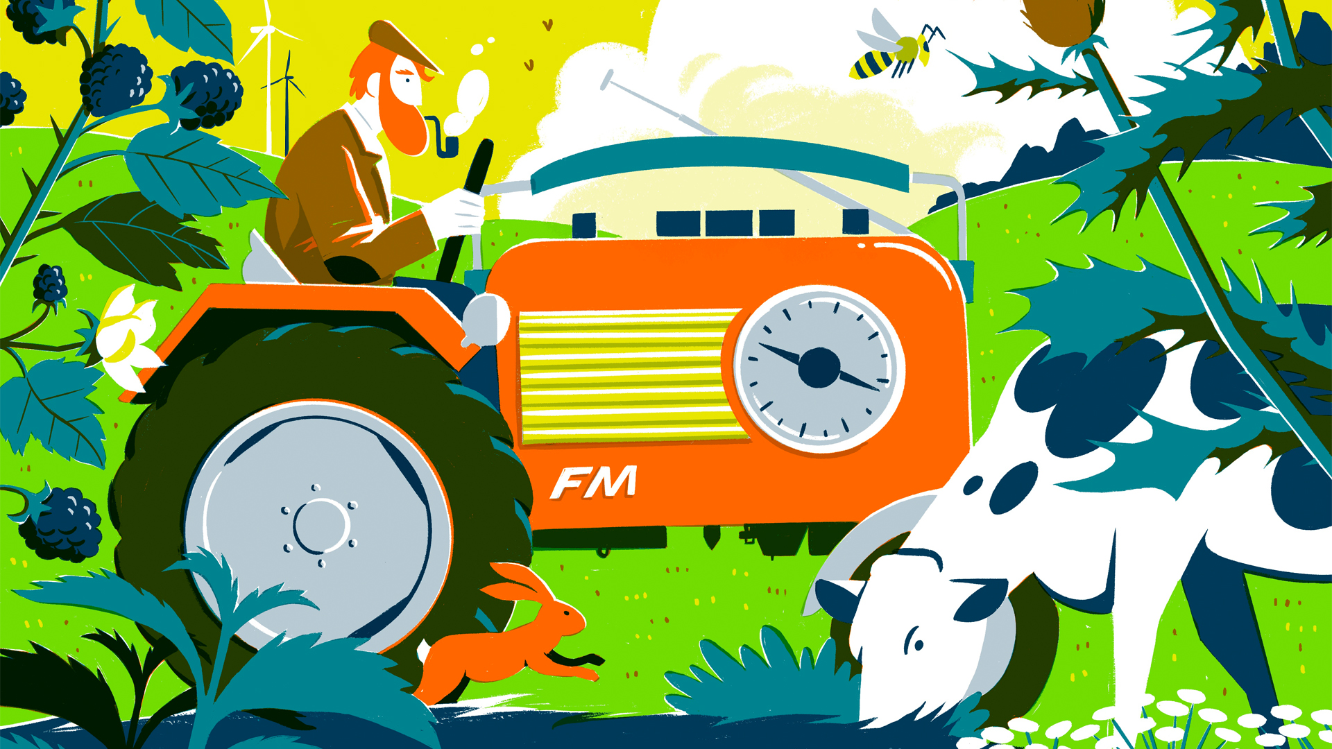 Till Lukat's illustration of a farmer driving a tractor made of a giant radio
