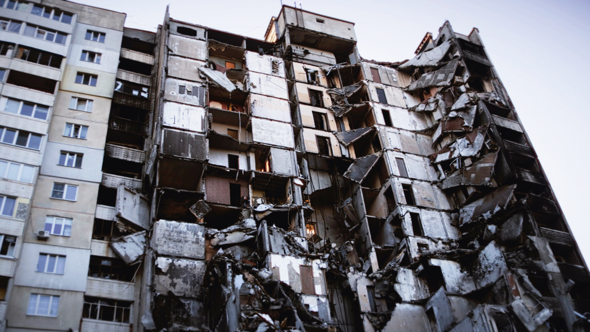 Apartment building with bomb blast damage