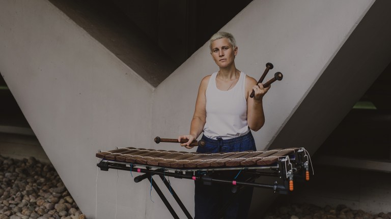 Bex Burch with a xylophone