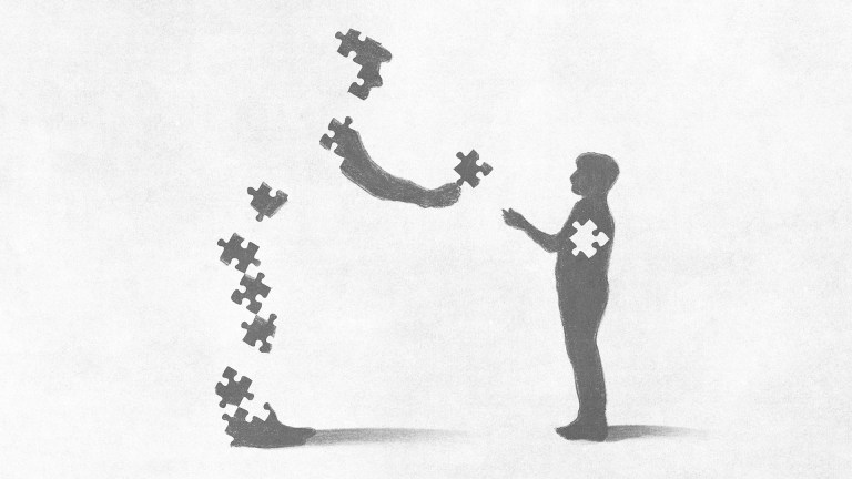 Black and white illustration of a jigsaw adult giving a piece of his jigsaw to a child