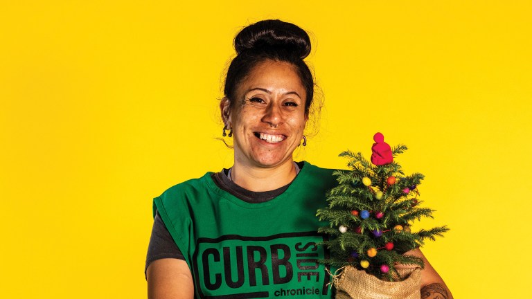 A woman in a green top holding a pot plant against a yellow background