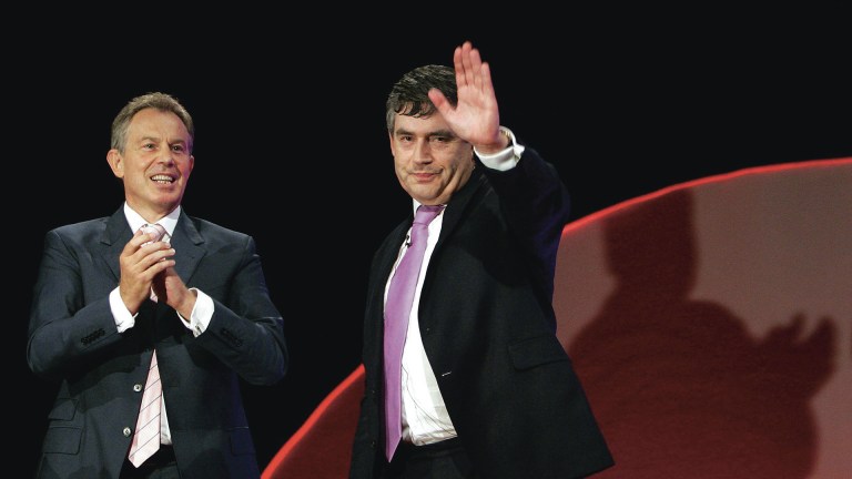 Tony Blair clapping and Gordon Brown waving