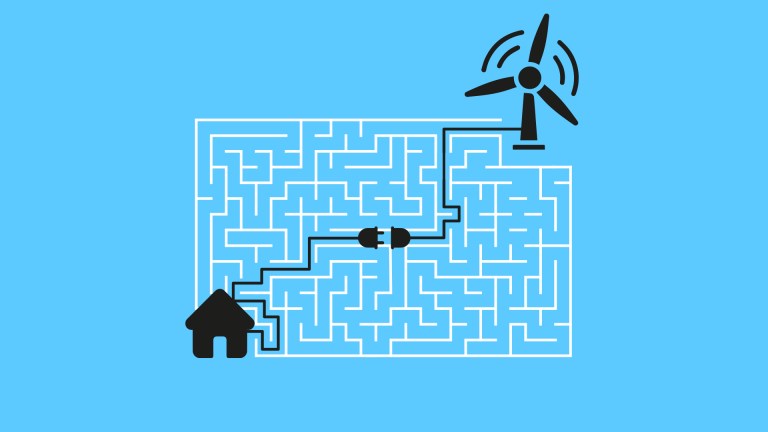 Illustration of a wind turbine powering a house on a blue background