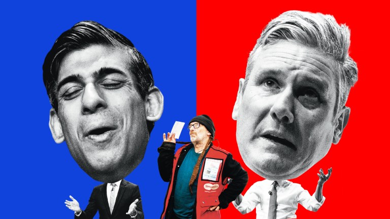 Illustration of Rishi Sunak, Keir Starmer and vendor Will Payne