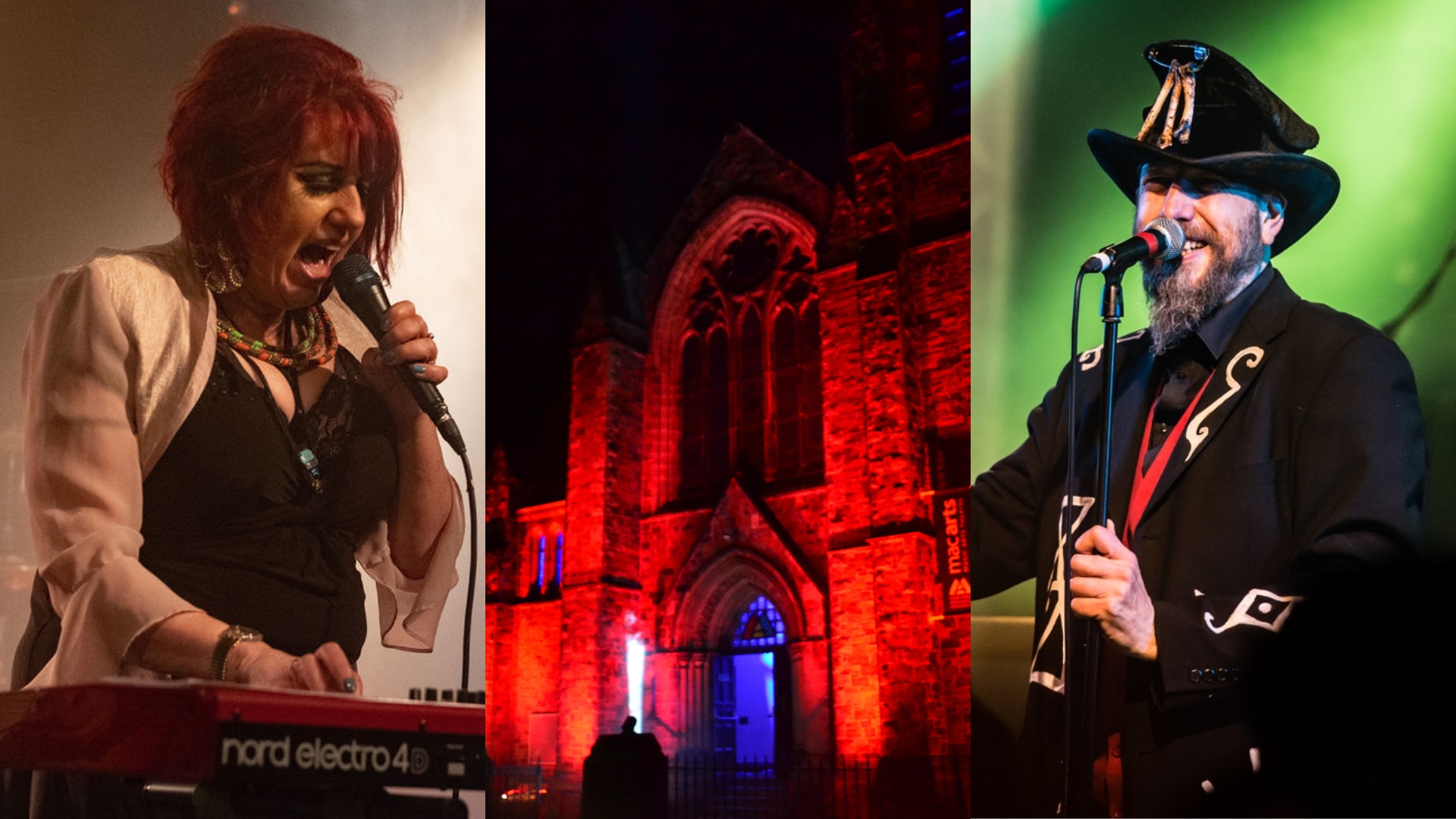 woman playing a keyboard and singing, MacArts centre, man in a hat at a microphone