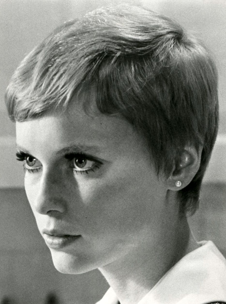 Mia Farrow with cropped hair