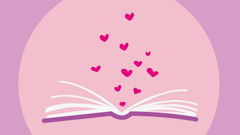 An illustration of pink hearts rising from the pages of a book