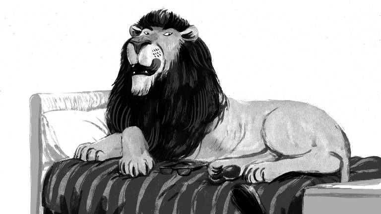 Black and white illustration of a lion lying on a bed