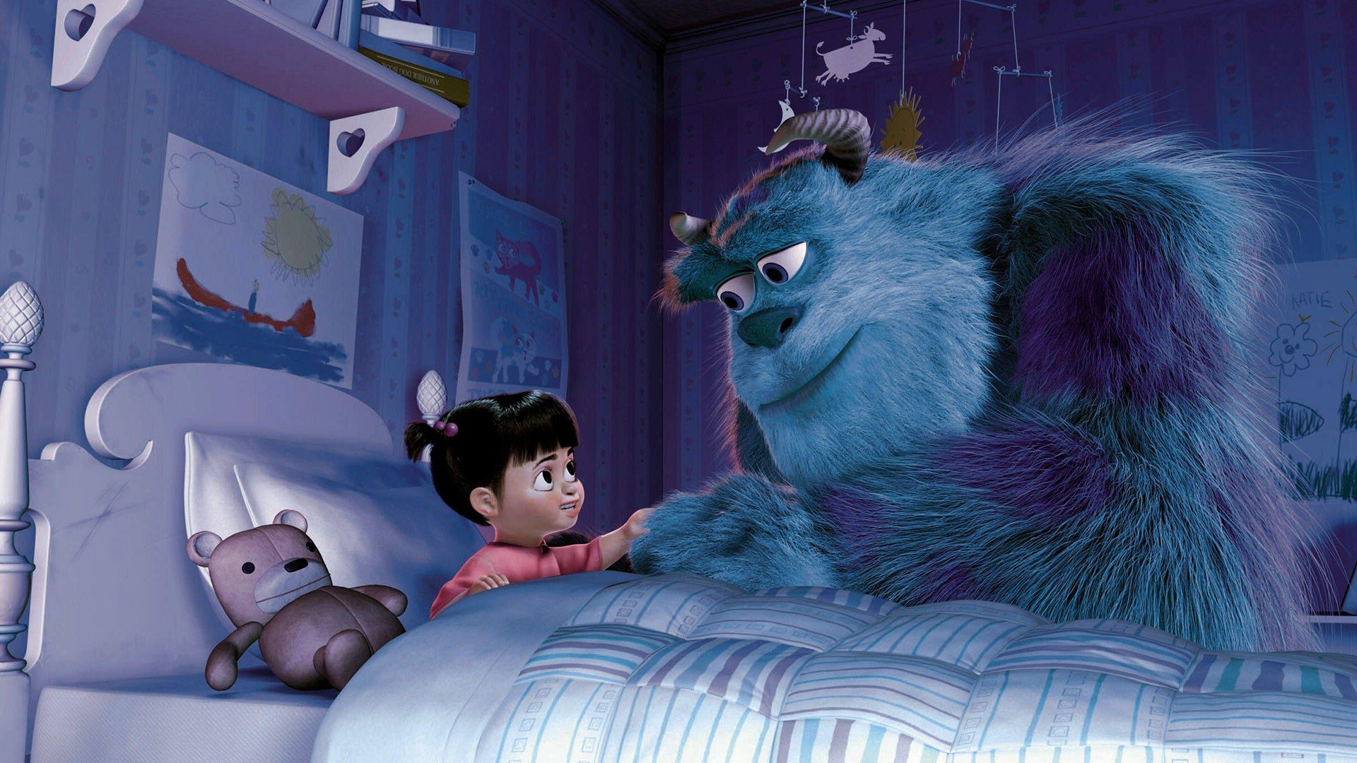 Sulley in Monsters Inc leans over the bed of a child