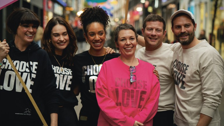 From left: Dawn O'Porter, Lily James, Pearl Mackie, Olivia Colman, Dermot O'Leary and Jamie Dornan wearing choose love t-shirts