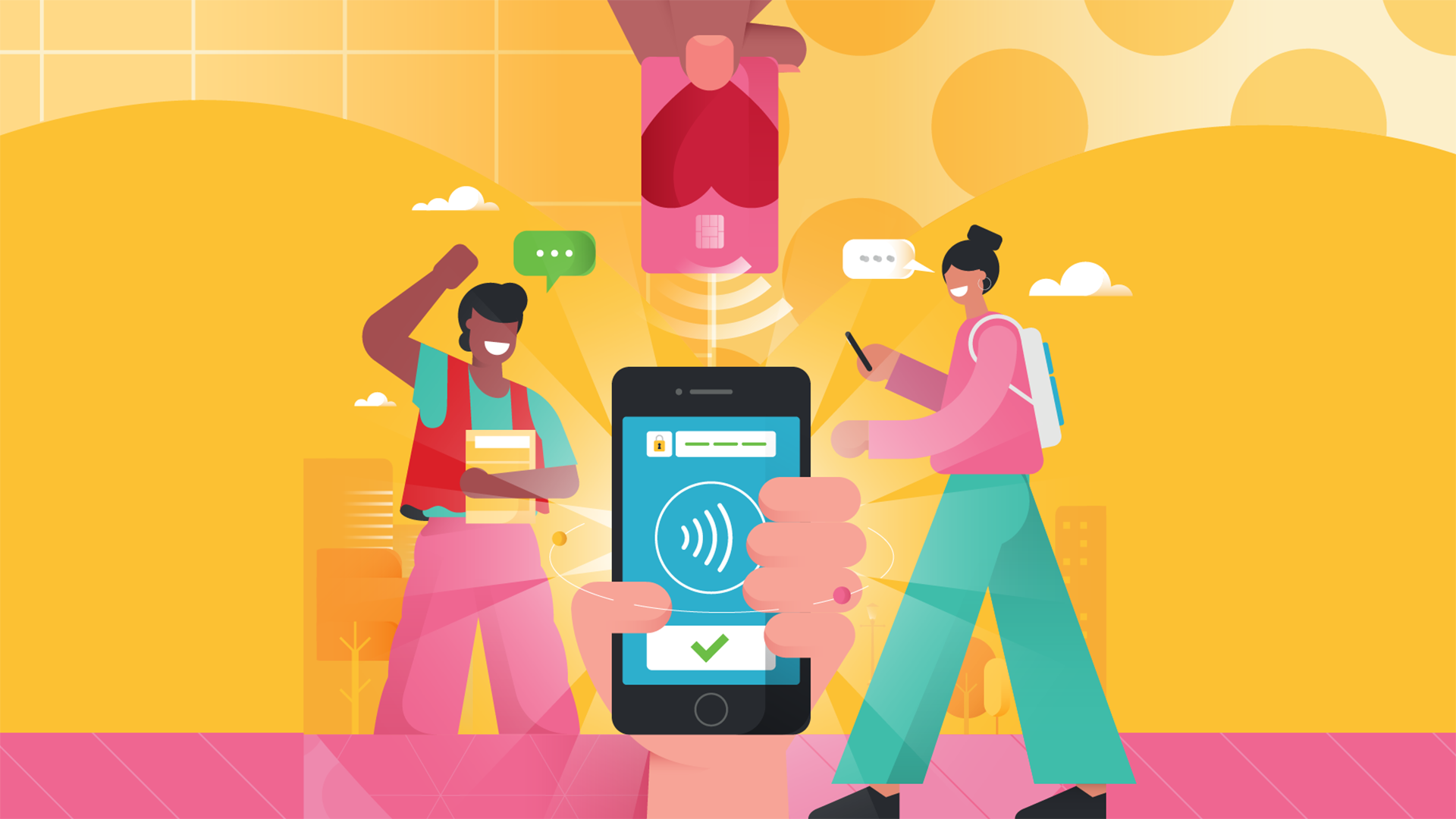 Illustration of two people engaging in a digital transaction. The foreground shows an enlarged smartphone displaying a successful contactless payment notification. In the background, one person wearing a Big Issue vendor's tabard holds magazines, gesturing in victory, while the other, carrying a backpack, uses their own phone, symbolizing connectivity and mobile commerce.