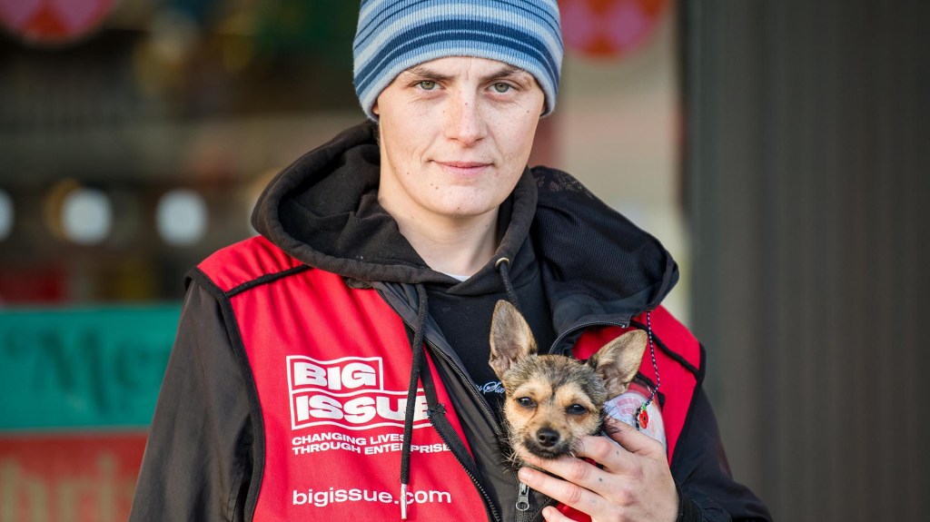 Big Issue vendor, Alfie Brew on his pitch at Co-op, St Thomas, Exeter