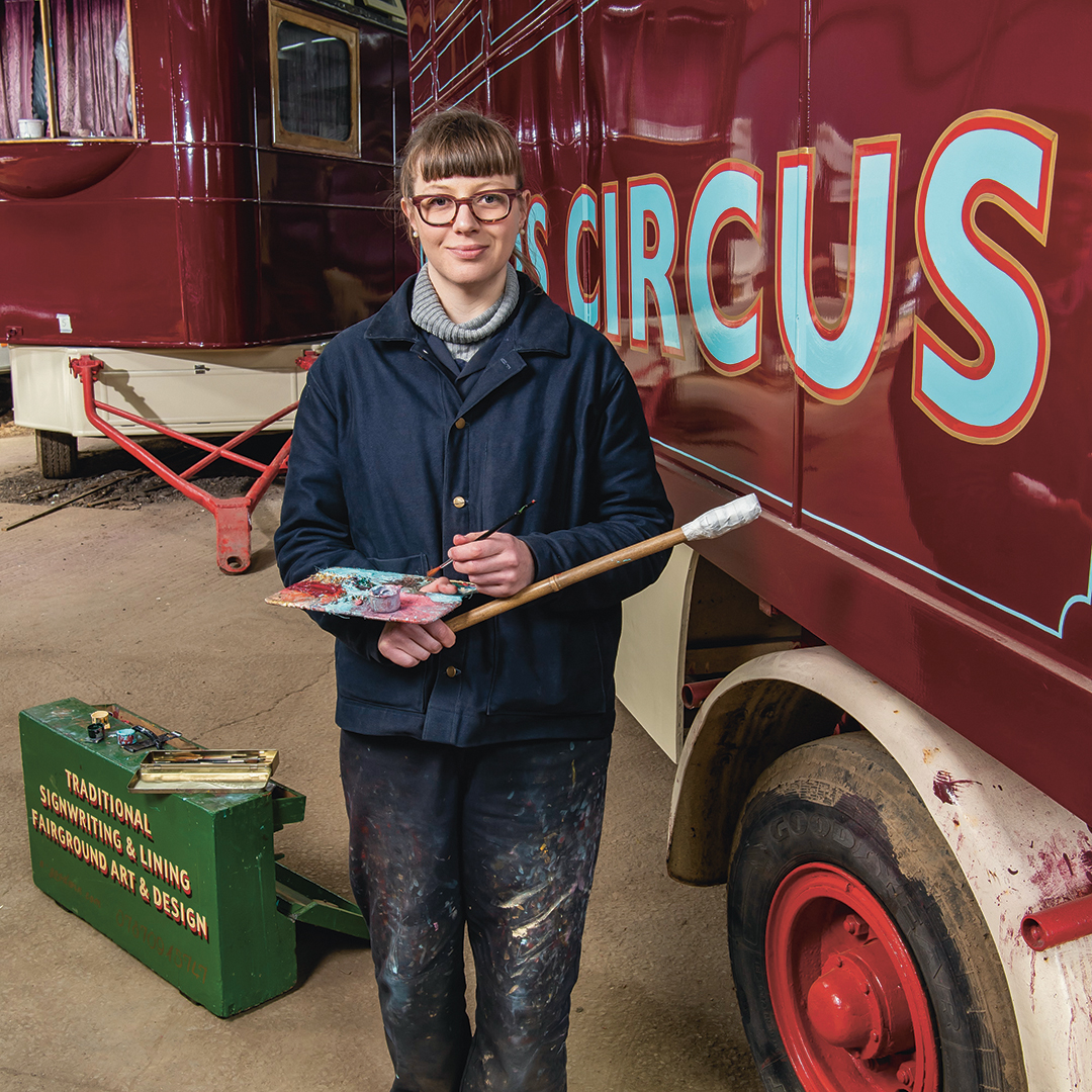 Dr Amy Goodwin, traditional signwriter, fairground artist, Cornwall. 