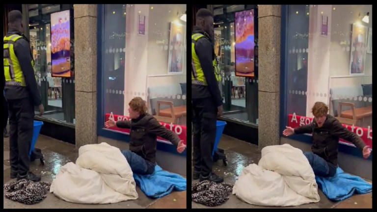 Homeless man argues with security guard mopping floor outside McDonald's restaurant in London