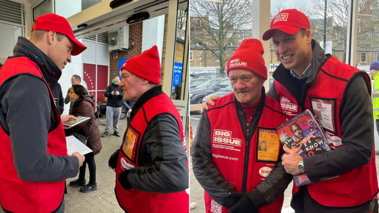 Prince William with Big Issue vendor Dave at Tesco in West London
