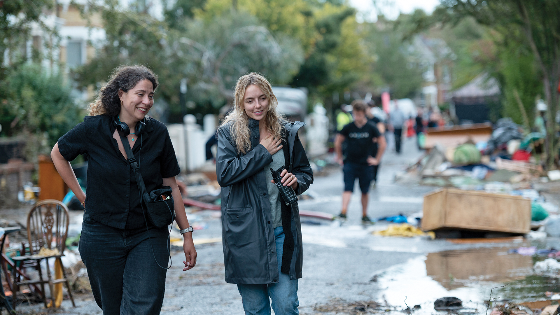 Jodie Comer on the set of The End We Start From with director Mahalia Belo