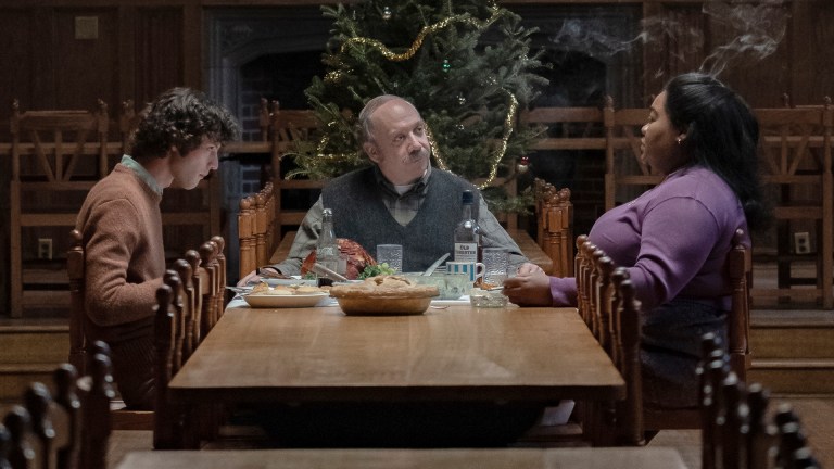 (l-r) Dominic Sessa as Angus Tully, Paul Giamatti as Paul Hunham and Da’Vine Joy Randolph as Mary Lamb in The Holdovers