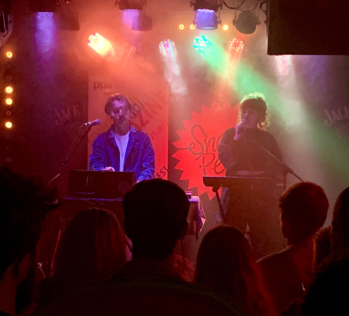 a crowd of people enjoy a music duo on stage