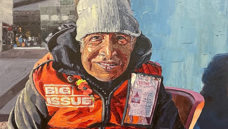 Shane Record's painting of Big Issue vendor Raheem Ahmed