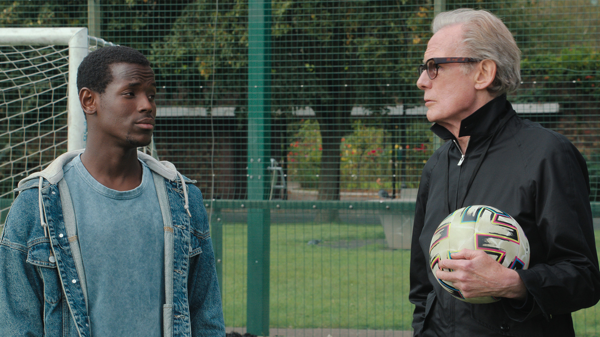 Bill Nighy and Micheal Ward in Netflix film The Beautiful Game. Image: Netflix