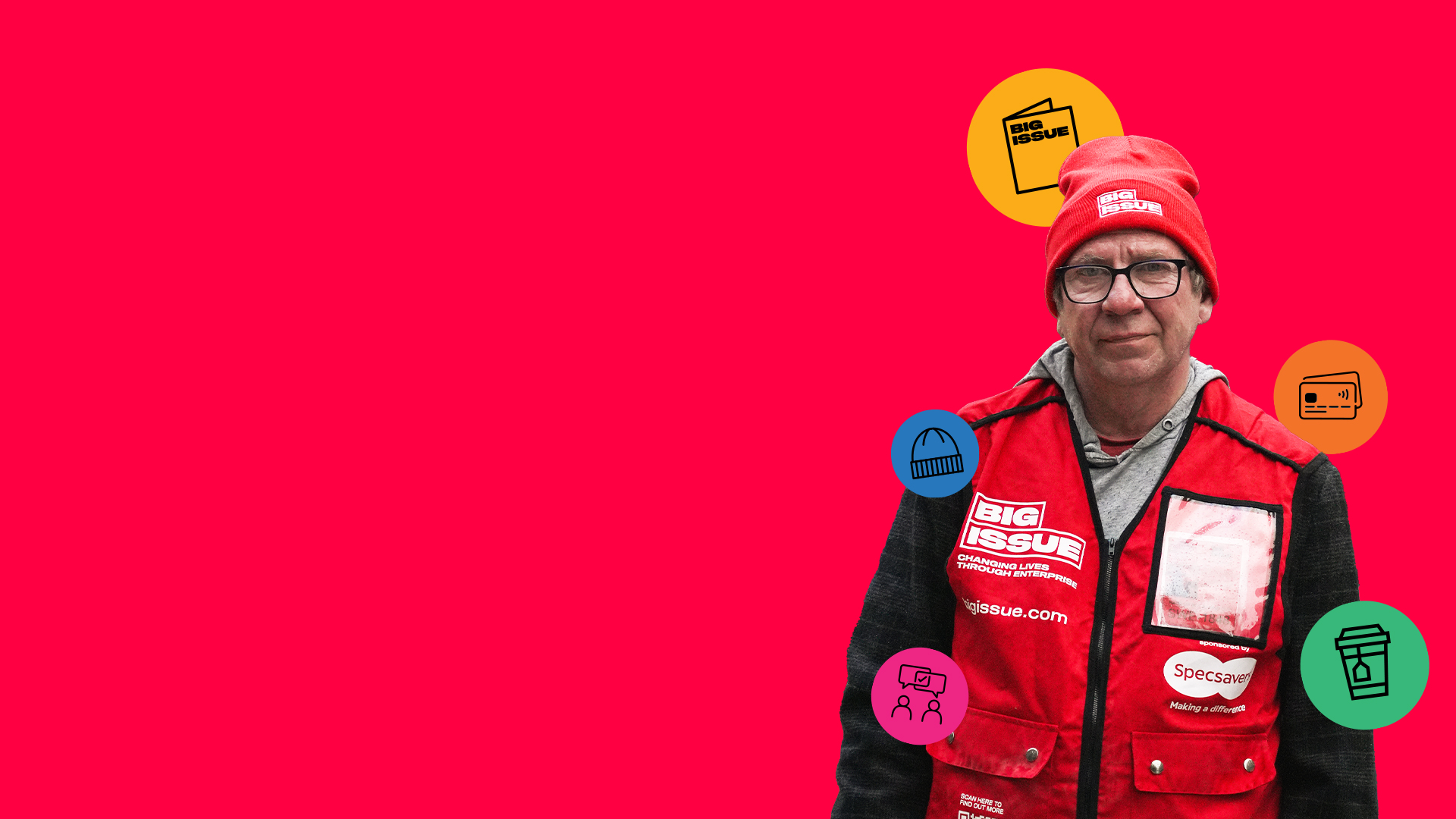 big issue vendor surrounded by icons showing the different elements of the winter support kit