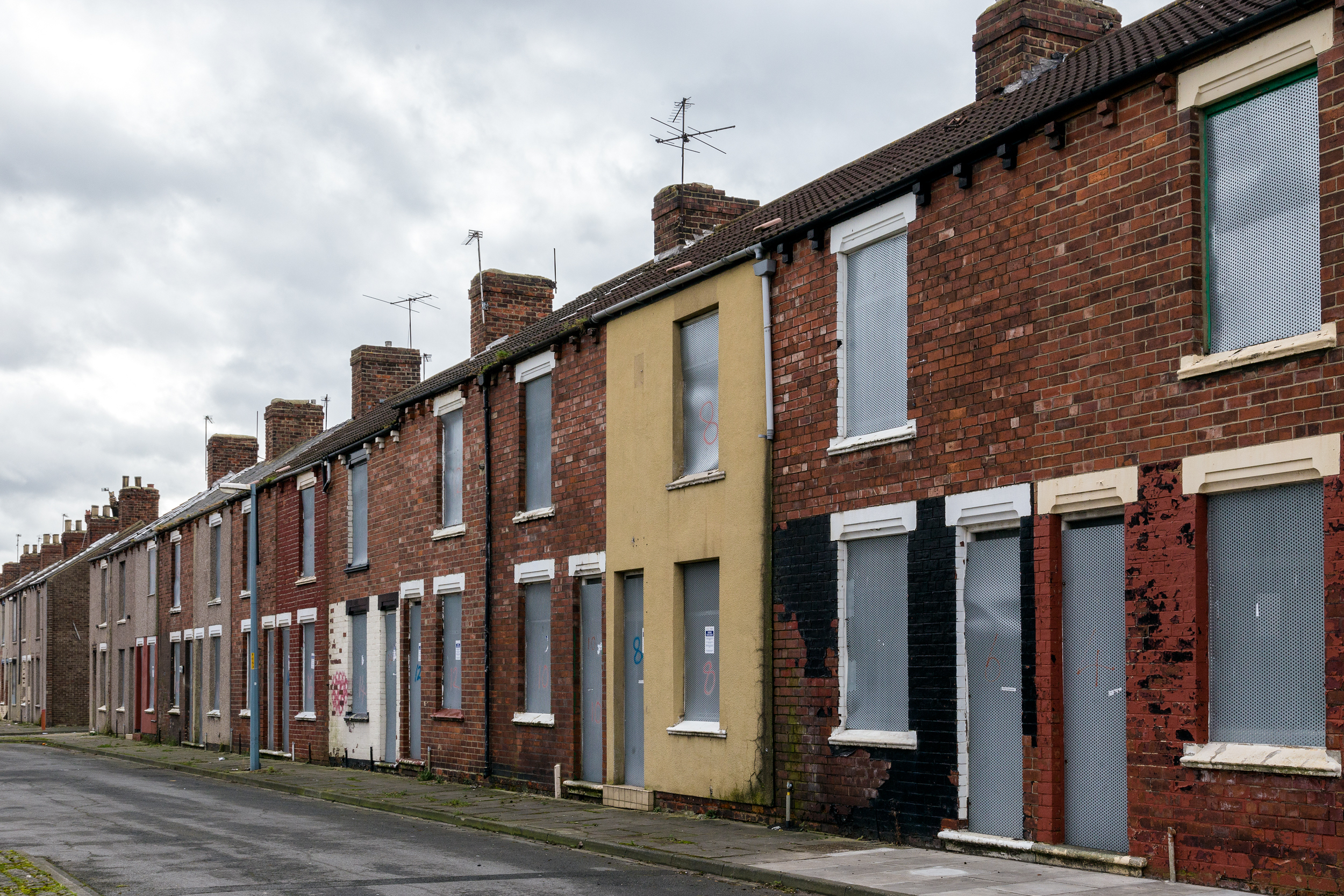 Boarded up houses in Middlesbrough, England.