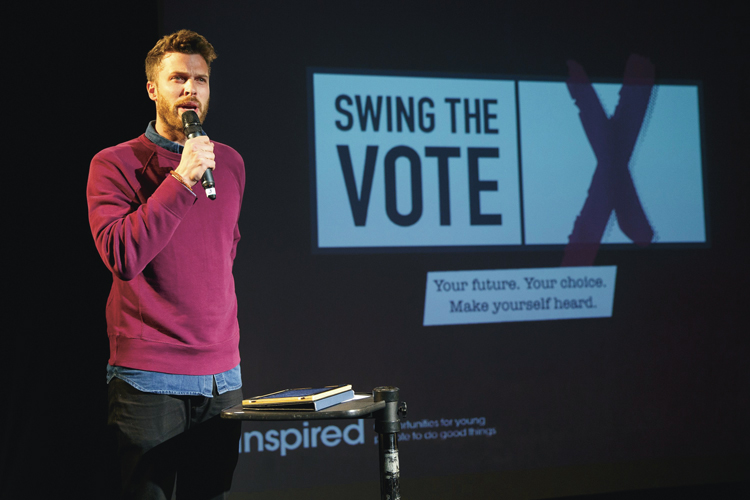 Rick Edwards in 2014 hosting the premiere of Swing To Vote