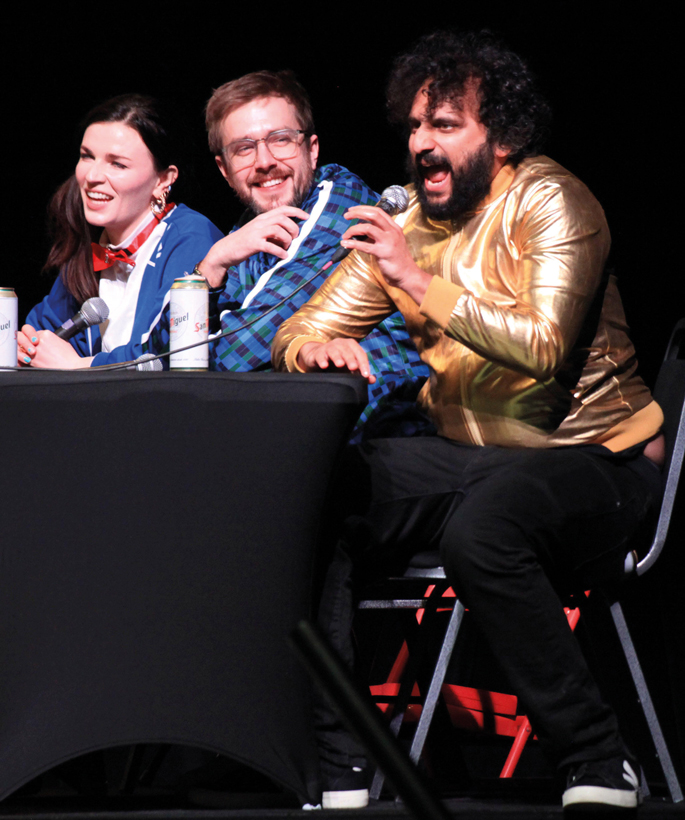 Aisling Bea, Iain Stirling and Nish Kumar onstage in London, 2023